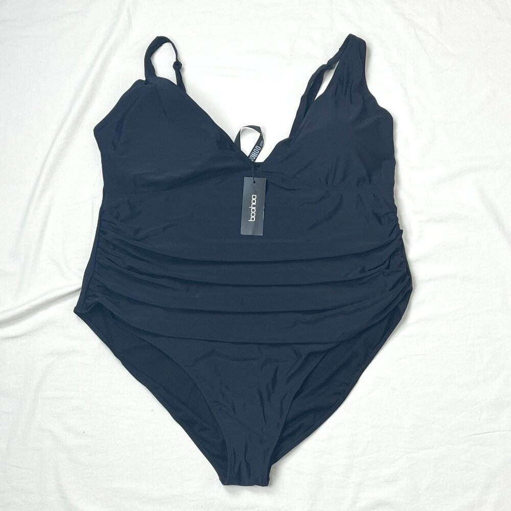 NWT Boohooo Plus Size 22 Curve Enhance Smoothing Plunge Swimsuit Sexy Black BNWT